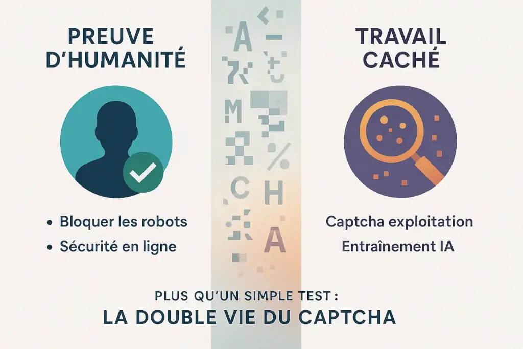 CAPTCHA : exploitation cachée derrière le test de sécurité 2 Illustration montrant la dualité du CAPTCHA : sécurité vs exploitation