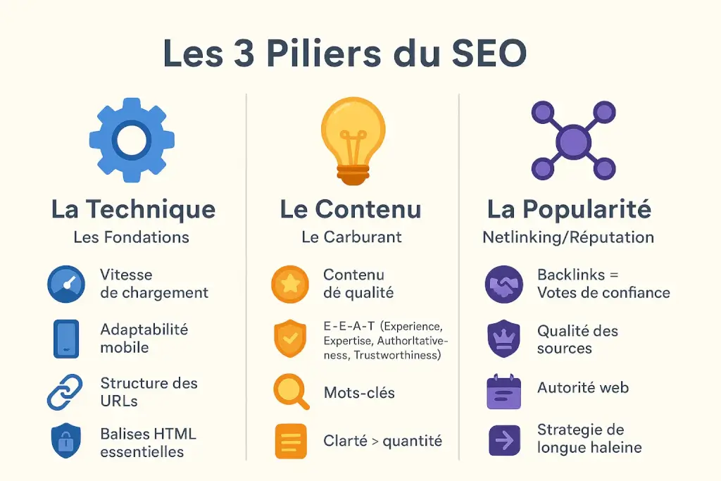 Les 3 piliers du seo : technique, contenu et popularité