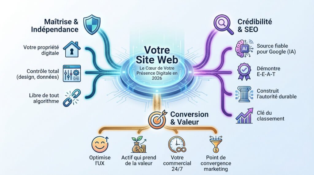 Schéma illustrant les avantages stratégiques d'un site web propriétaire face aux réseaux sociaux en 2026