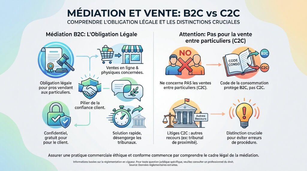 Schéma explicatif des obligations de médiation pour la vente B2C versus vente entre particuliers