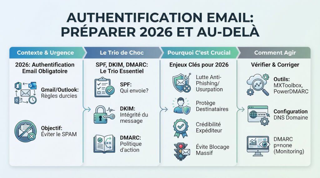 Emails et réglementation 2026 : évitez spam et amendes 3 Schéma expliquant l'authentification email SPF DKIM DMARC pour la réglementation 2026