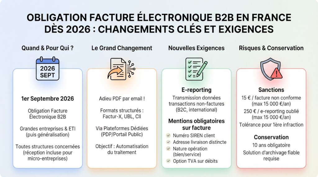 Emails et réglementation 2026 : évitez spam et amendes 2 Schéma explicatif des nouvelles exigences pour la facture électronique B2B en France dès 2026