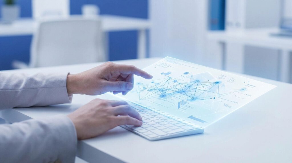 Copywriting IA : la stratégie pour des textes humains 1 Mains manipulant un clavier et un écran holographique lumineux affichant des visualisations de données complexes et un réseau neuronal. Contexte de bureau moderne.