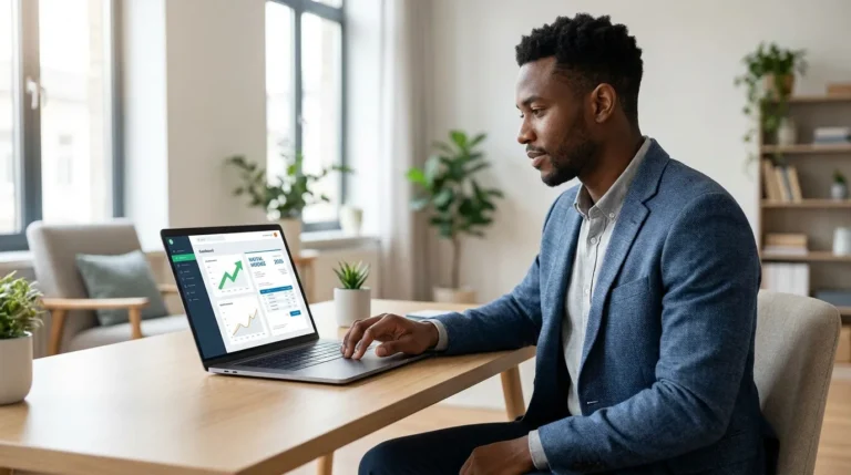 Homme en veste travaillant sur un ordinateur portable affichant un tableau de bord financier.