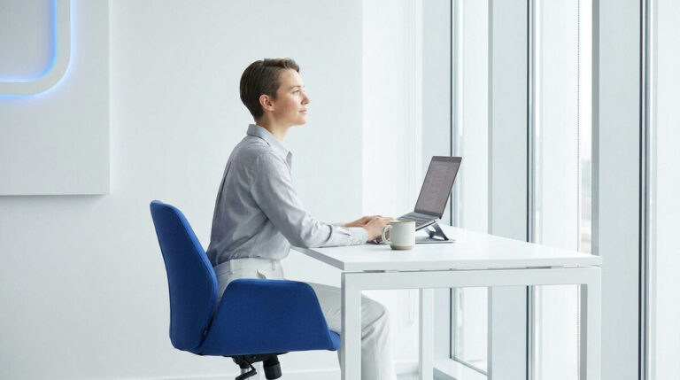 Une femme assise à un bureau blanc devant un ordinateur, regardant sereinement par une grande fenêtre lumineuse.
