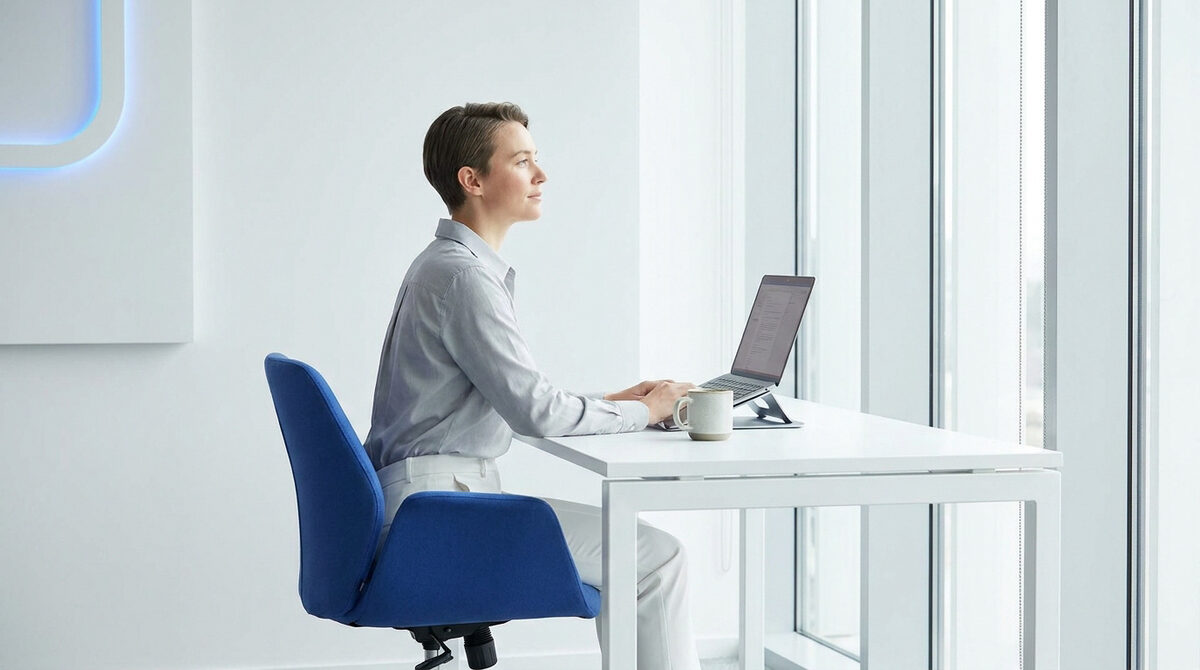 Une femme assise à un bureau blanc devant un ordinateur, regardant sereinement par une grande fenêtre lumineuse.