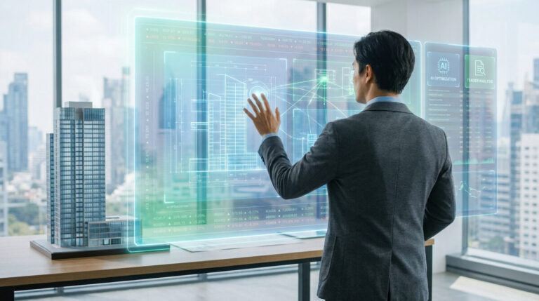 Un professionnel manipulant une interface numérique futuriste avec un plan architectural et des données IA.