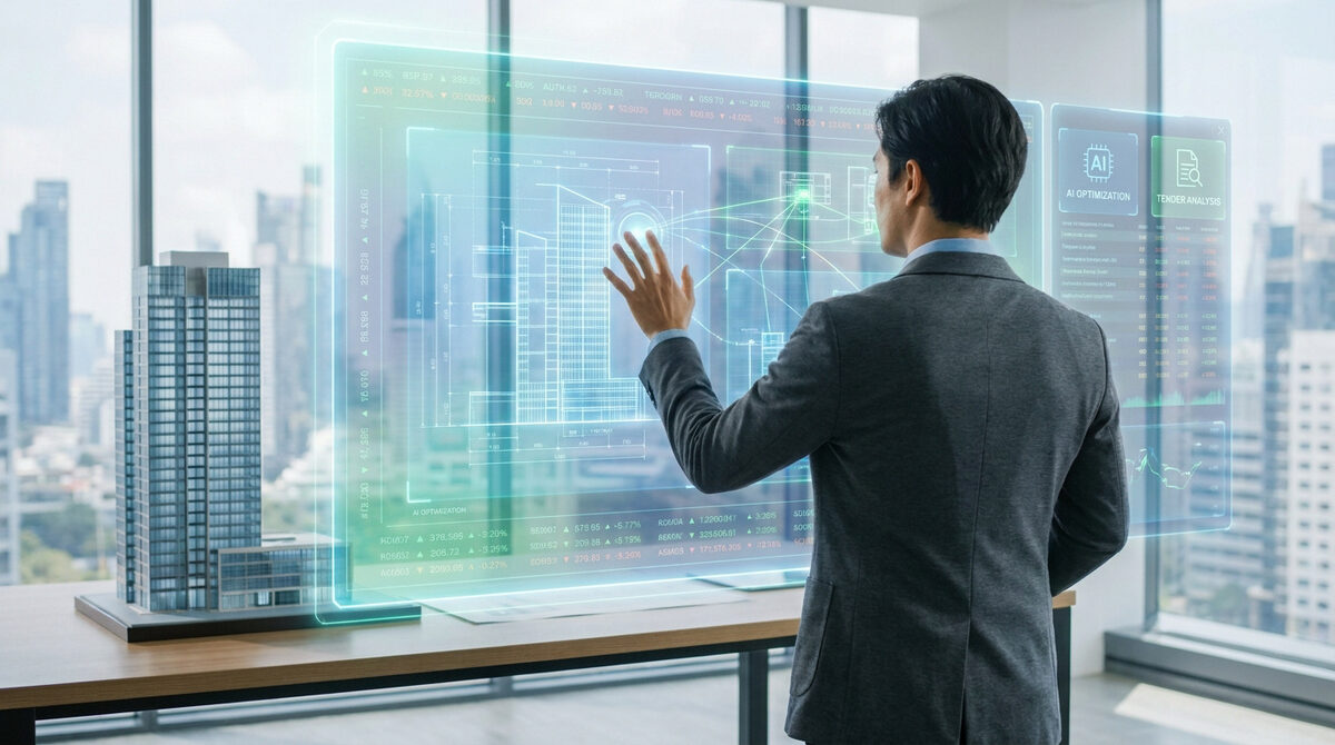 Un professionnel manipulant une interface numérique futuriste avec un plan architectural et des données IA.