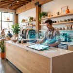 Automatiser les commandes de ton commerce local avec l'IA 6 Un commerçant utilise une tablette tactile avec des graphiques d'IA en surimpression dans un magasin moderne et chaleureux.