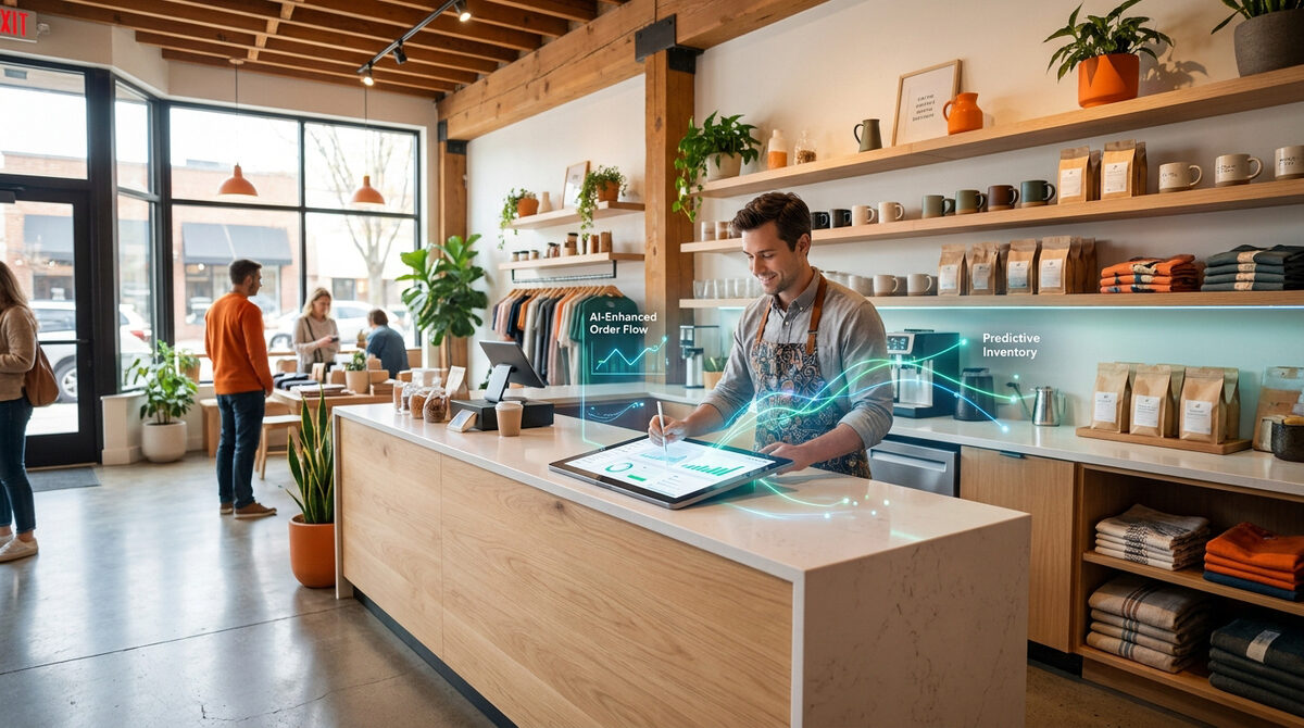 Automatiser les commandes de ton commerce local avec l'IA 1 Un commerçant utilise une tablette tactile avec des graphiques d'IA en surimpression dans un magasin moderne et chaleureux.