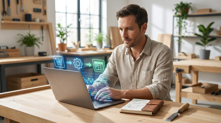 Connecter WordPress CRM Sheets : automatise tes données 15 Homme travaillant sur un ordinateur portable avec des icônes d'automatisation holographiques dans un atelier.