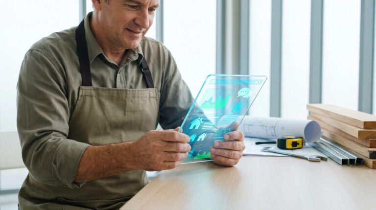 Comment l'ia artisan booste tes devis et ta relation client 11 Un artisan utilisant une interface numérique holographique pour gérer ses devis et ses projets sur une table de travail.