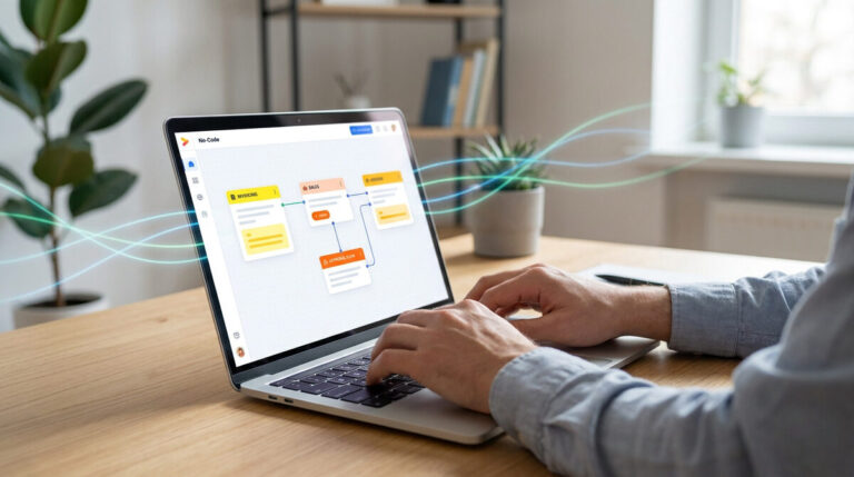 Quels processus automatiser en entreprise pour gagner en temps 13 Personne utilisant un ordinateur portable pour créer un flux de travail automatisé avec un outil no-code.