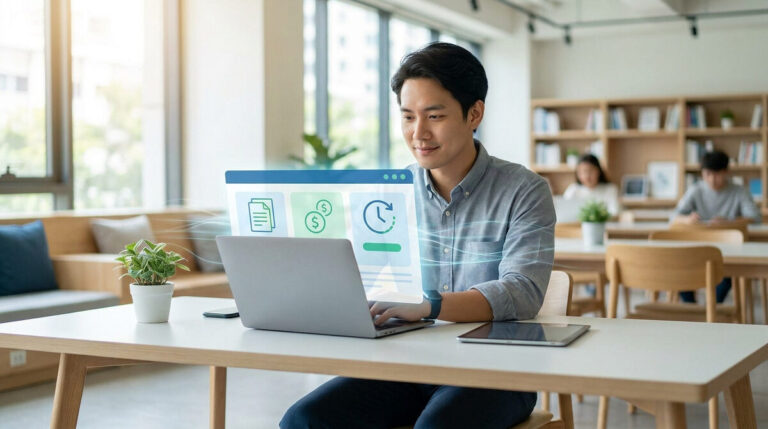 Un homme souriant travaille sur son ordinateur portable avec une interface de gestion de facturation holographique.