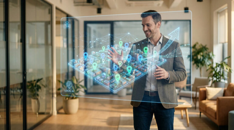 Un homme d'affaires utilisant une interface holographique interactive pour analyser une carte de ville avec des marqueurs SEO.