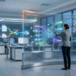 IA savoir-faire PME : automatise et transmets ton expertise 4 Une femme d'affaires interagit avec un écran holographique affichant des données et des flux de travail dans un bureau.