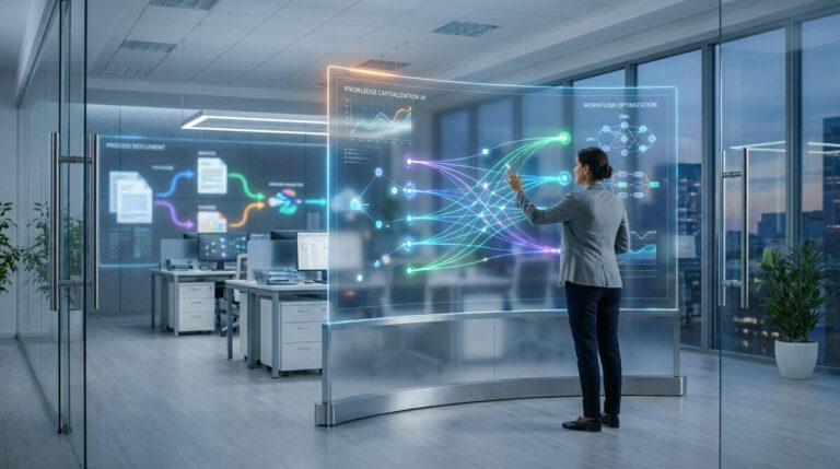 IA savoir-faire PME : automatise et transmets ton expertise 3 Une femme d'affaires interagit avec un écran holographique affichant des données et des flux de travail dans un bureau.