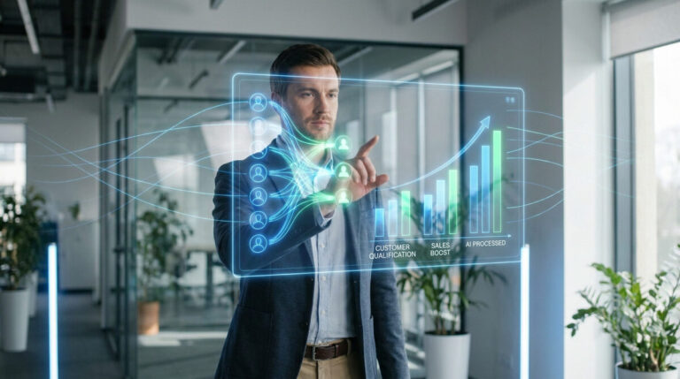 Comment l'agent IA de qualification client booste ta TPE 4 Un homme d'affaires interagit avec une interface numérique holographique illustrant la qualification client et la croissance.
