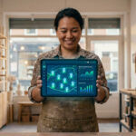 optimiser sa fiche Google Business Profile pour artisan et TPE locale 4 Un artisan potier tenant une tablette affichant une carte avec des épingles de localisation et des graphiques de données.