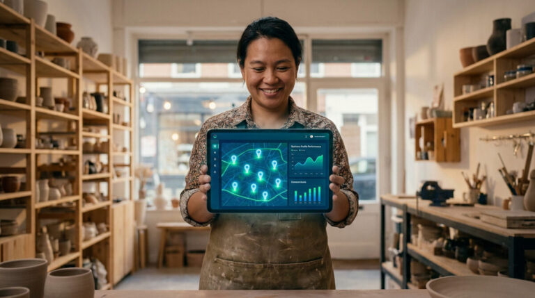 optimiser sa fiche Google Business Profile pour artisan et TPE locale 2 Un artisan potier tenant une tablette affichant une carte avec des épingles de localisation et des graphiques de données.