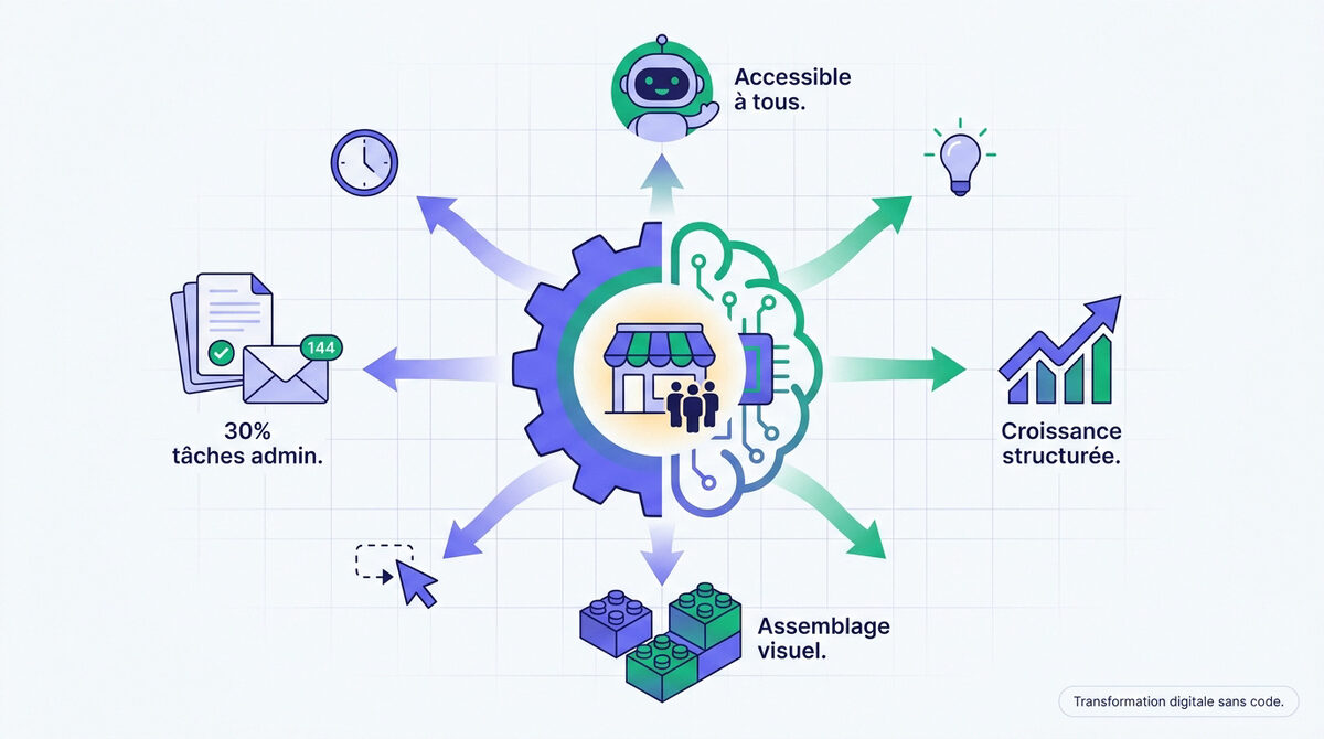 no-code et IA pour automatiser une TPE sans coder 2 Illustration de l'automatisation et de l'intelligence artificielle pour simplifier la croissance des PME