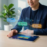 no-code et IA pour automatiser une TPE sans coder 5 Un entrepreneur utilisant une tablette avec des interfaces holographiques illustrant l'automatisation de tâches.