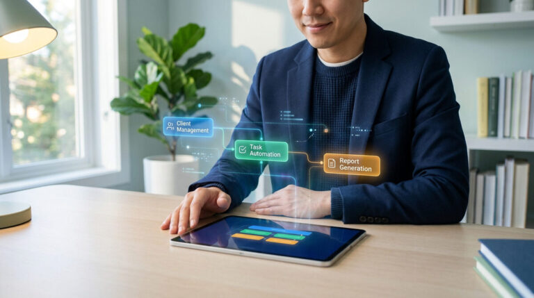 no-code et IA pour automatiser une TPE sans coder 2 Un entrepreneur utilisant une tablette avec des interfaces holographiques illustrant l'automatisation de tâches.
