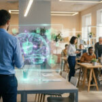 IA générative RGPD données clients employés en PME 6 Un homme d'affaires regarde une interface holographique représentant un cerveau numérique protégé par des icônes de cadenas.