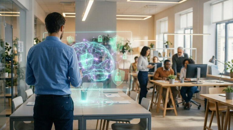 IA générative RGPD données clients employés en PME 2 Un homme d'affaires regarde une interface holographique représentant un cerveau numérique protégé par des icônes de cadenas.