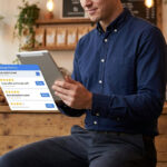 Propriétaire de café utilisant une tablette pour répondre aux avis Google Business.