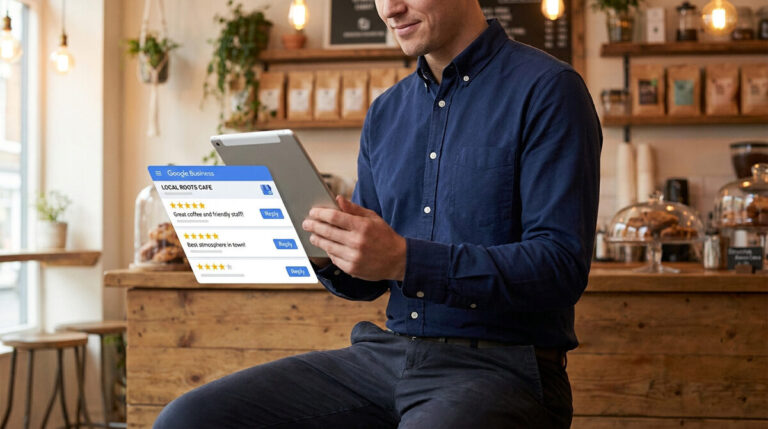 Propriétaire de café utilisant une tablette pour répondre aux avis Google Business.