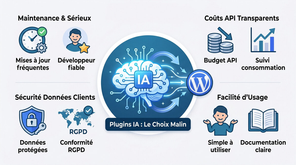 plugins IA WordPress utiles pour une PME en 2026 2 Infographie expliquant les critères de sélection des plugins IA pour une PME sur WordPress