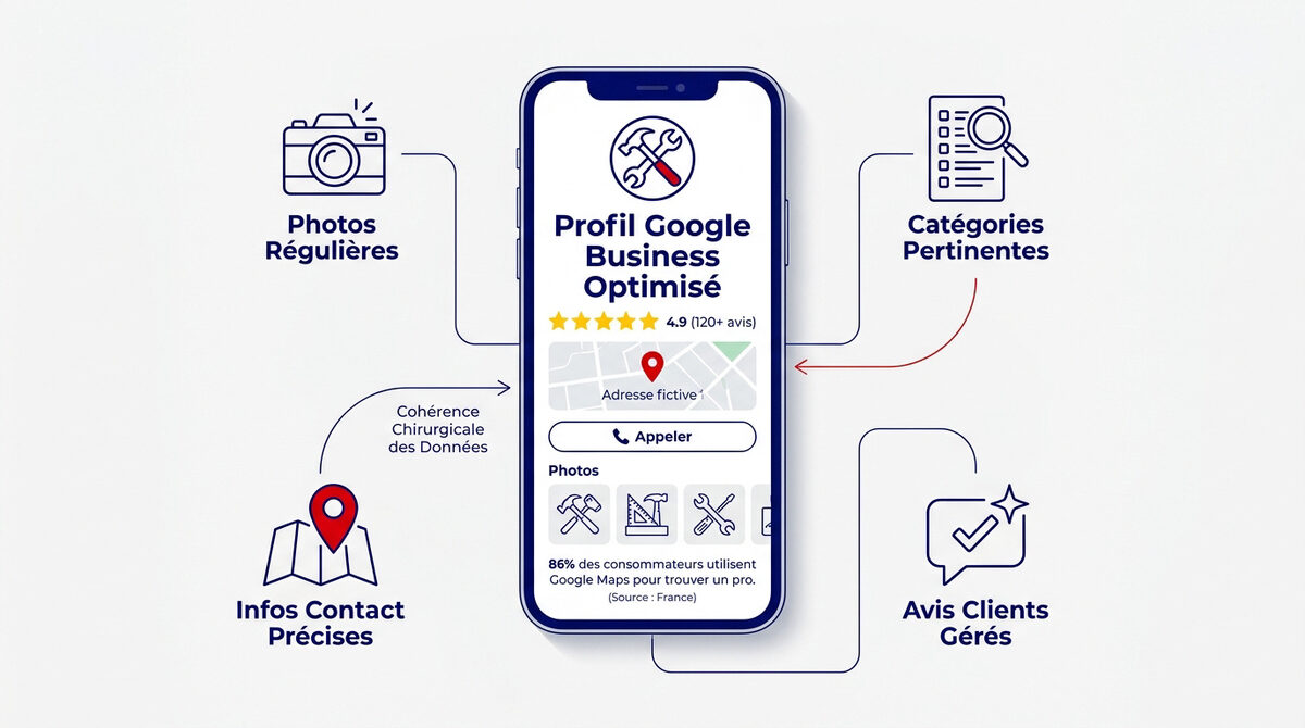 optimiser sa fiche Google Business Profile pour artisan et TPE locale 2 Artisan consultant son profil Google Business sur smartphone pour optimiser sa visibilité locale