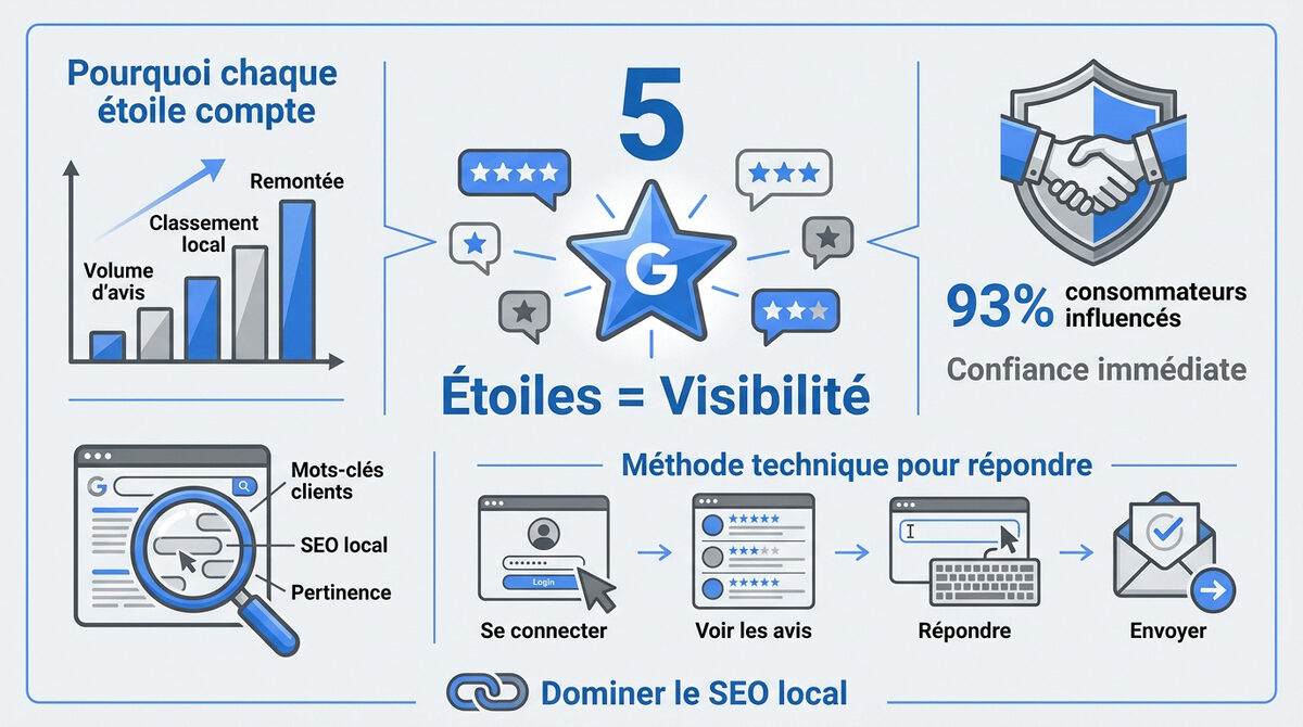 gérer et répondre aux avis Google pour une TPE locale 2 Entrepreneur gérant ses avis clients sur Google Business Profile pour améliorer son référencement local