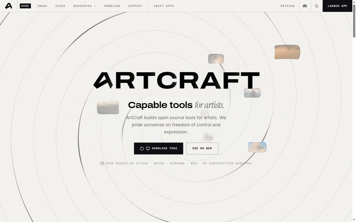 ArtCraft : le studio IA open source, et comment le télécharger 1 Page d'accueil d'ArtCraft sur getartcraft.com, avec les boutons Download free et Use on web.