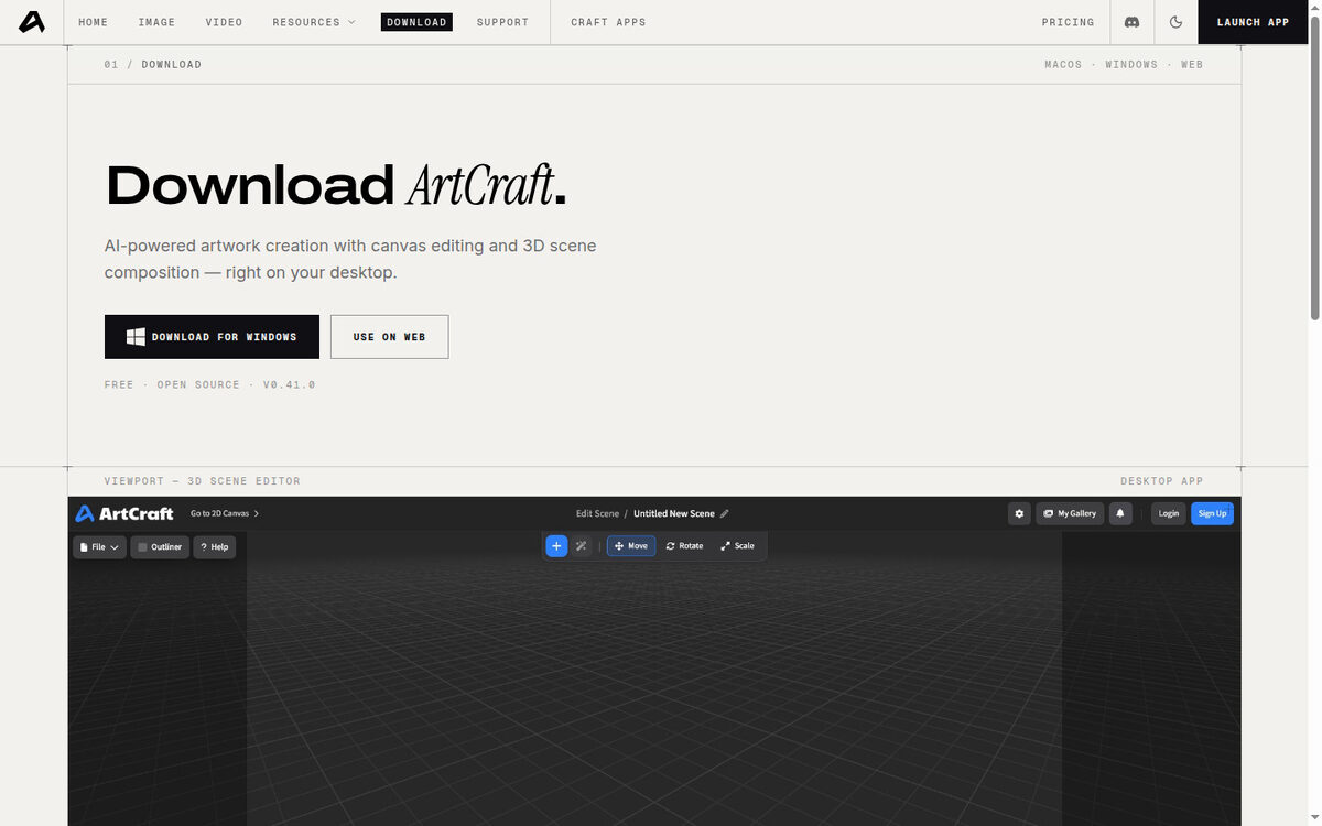 ArtCraft : le studio IA open source, et comment le télécharger 3 Page de téléchargement du studio ArtCraft, bouton Download for Windows, version affichée V0.41.0.