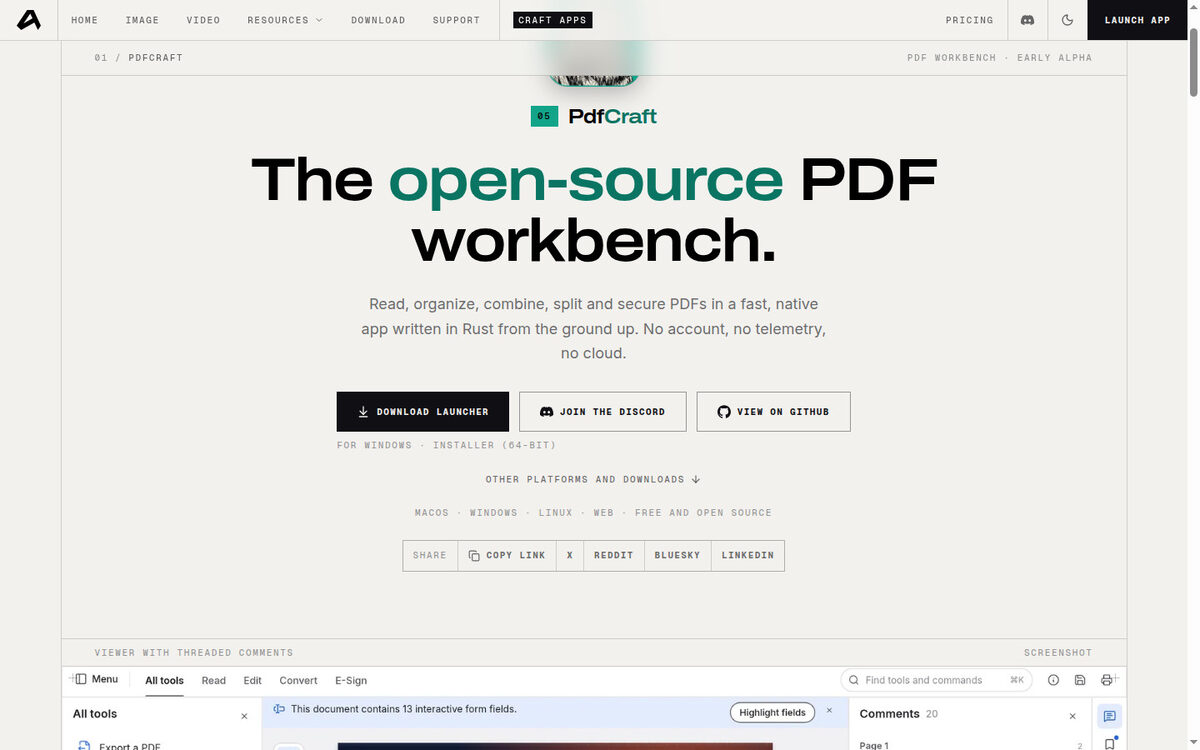 ArtCraft : le studio IA open source, et comment le télécharger 4 Page PdfCraft sur getartcraft.com, bouton Download launcher pour Windows, mention sans compte.