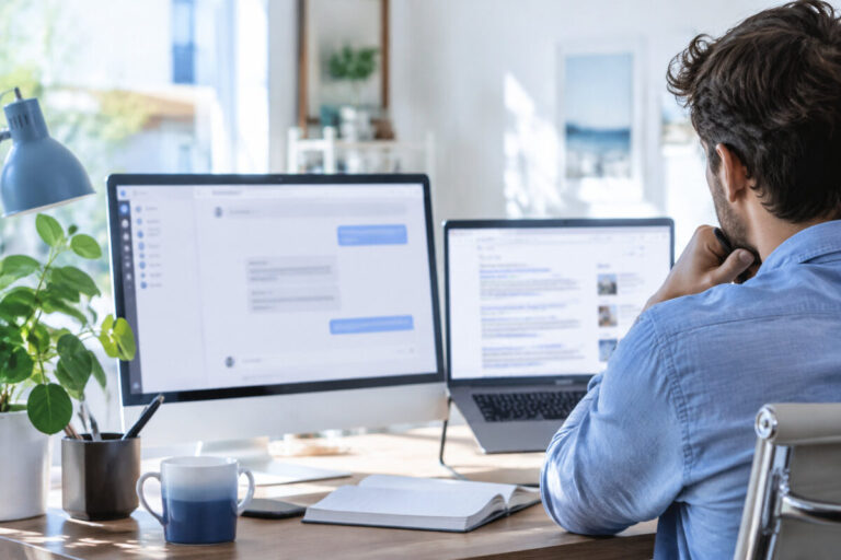 Utiliser ChatGPT comme Google : le mauvais réflexe, et la bonne façon de t'en servir 1 Homme de dos travaillant sur deux écrans avec une interface de discussion de type ChatGPT ouverte.