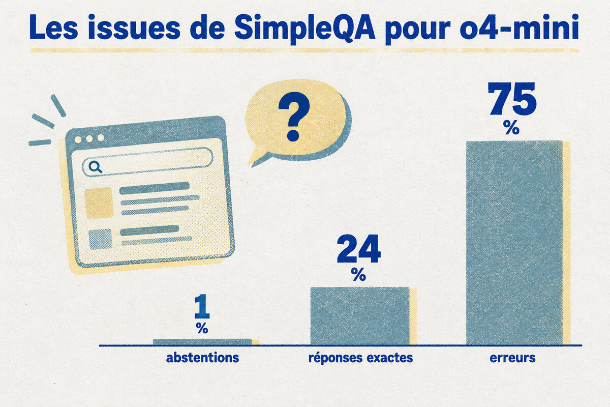 Pour o4-mini dans SimpleQA, les issues sont 1 % d’abstentions, 24 % de réponses exactes et 75 % d’erreurs.